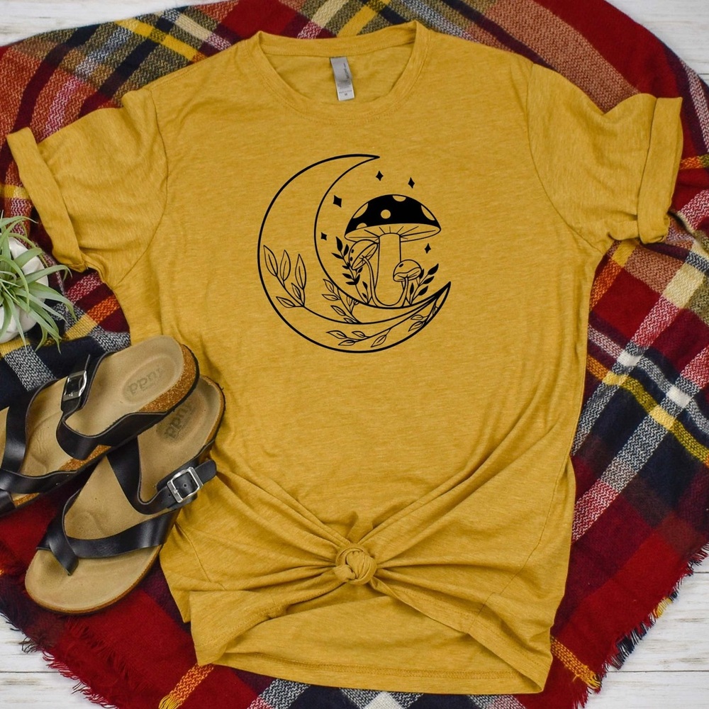 Yellow Graphic Tee with Moon and Mushroom Design